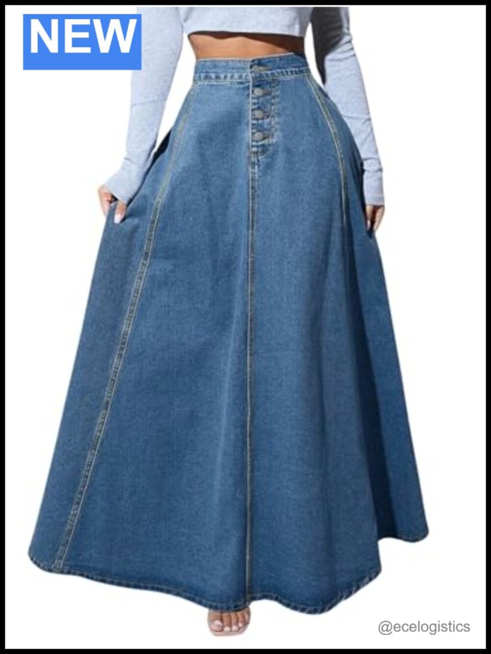 Women's Retro High Waisted Flared Long Denim Jean Skirt Maxi Pleated A-Line Flow